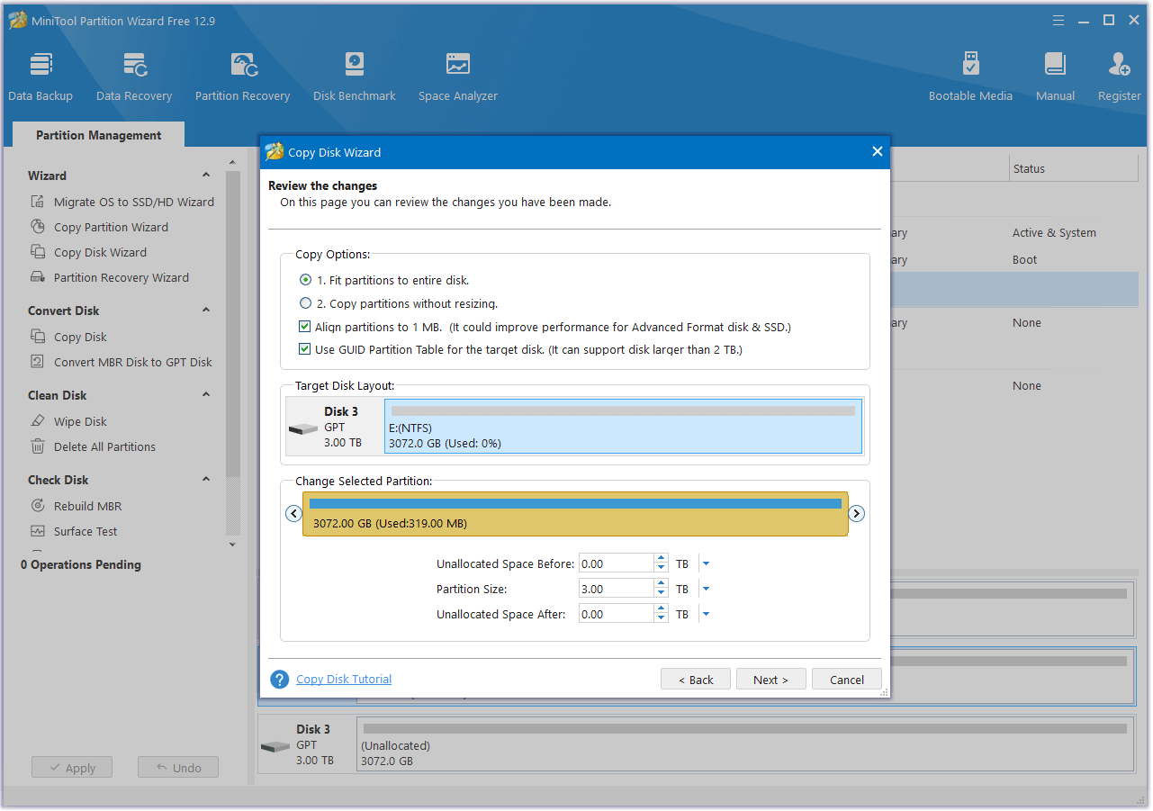 set Copy Options and adjust disk layout in MiniTool Partition Wizard