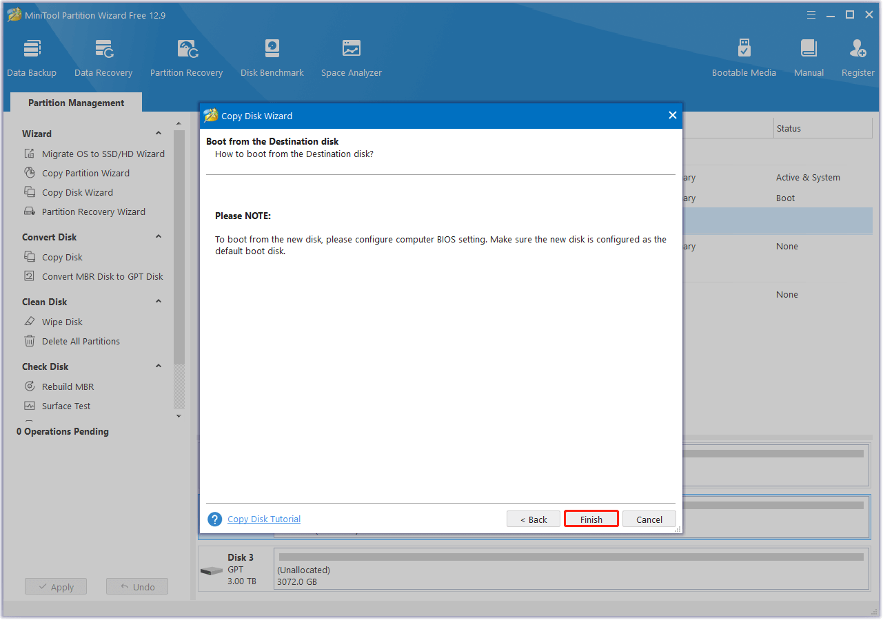 click Finish in MiniTool Partition Wizard