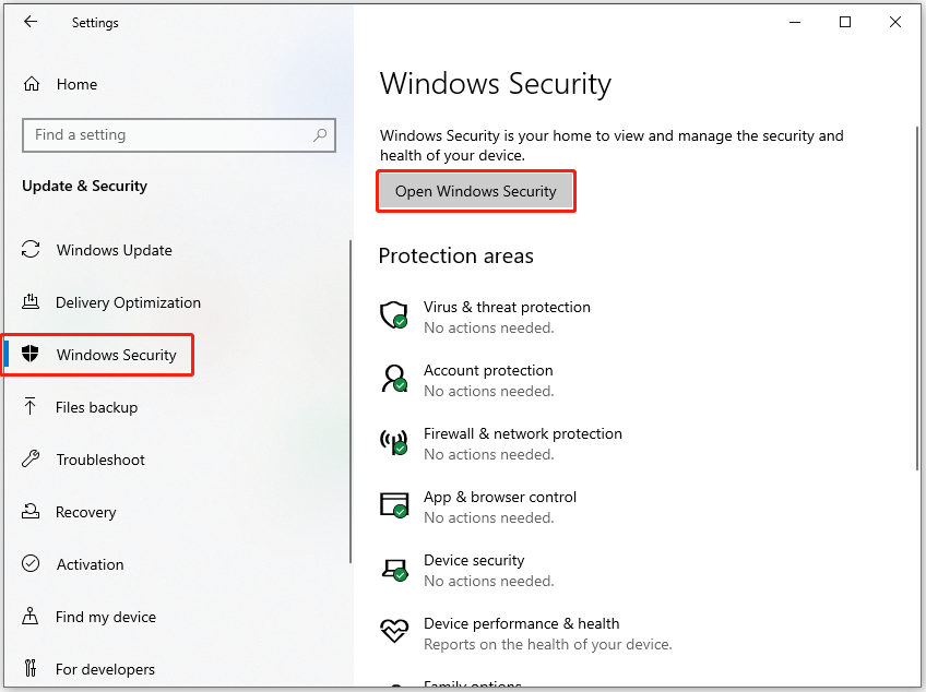 click Open Windows Security in Windows 10 Settings