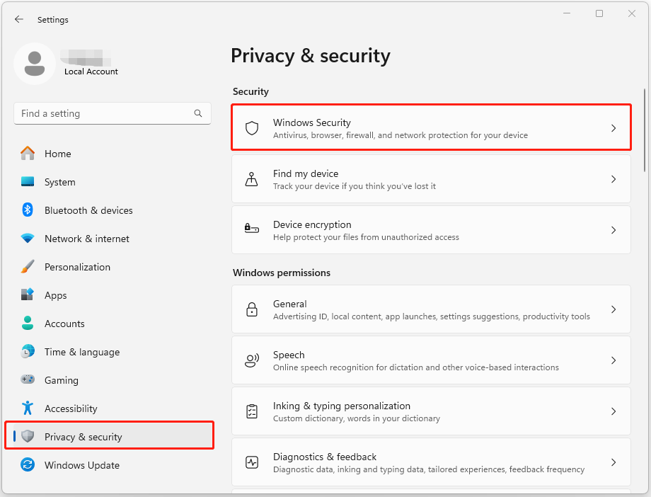 click Windows Security in Windows 11 Settings