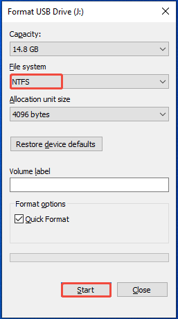 select NTFS and click Start