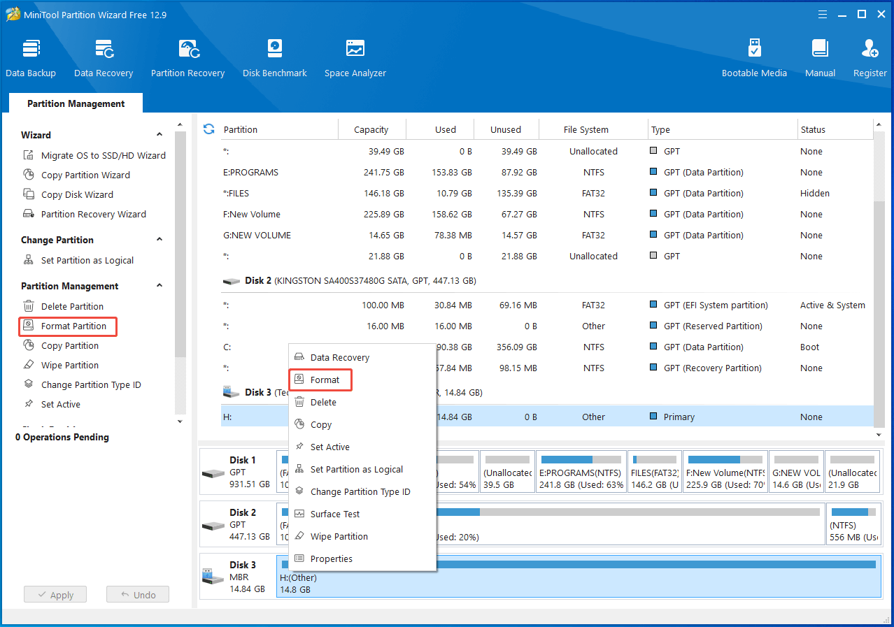select the RAW partition and choose Format in Partition Magic