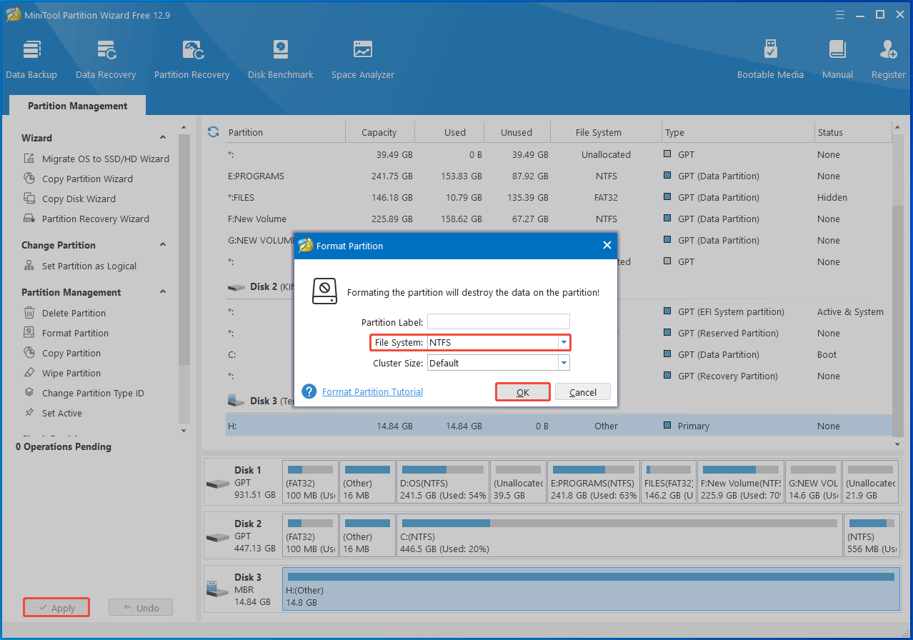 format the RAW partition to NTFS with Partition Magic