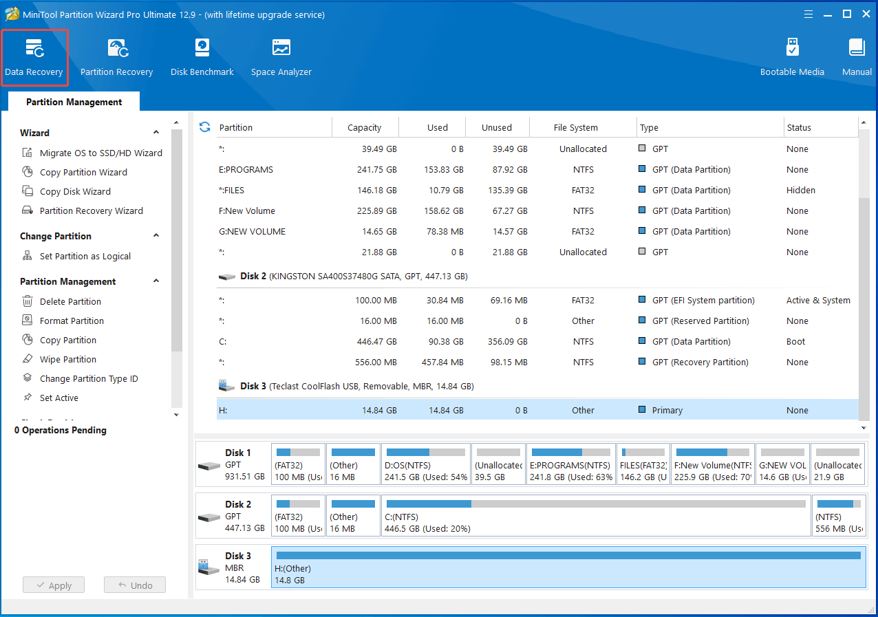 click Data Recovery in MiniTool Partition Wizard