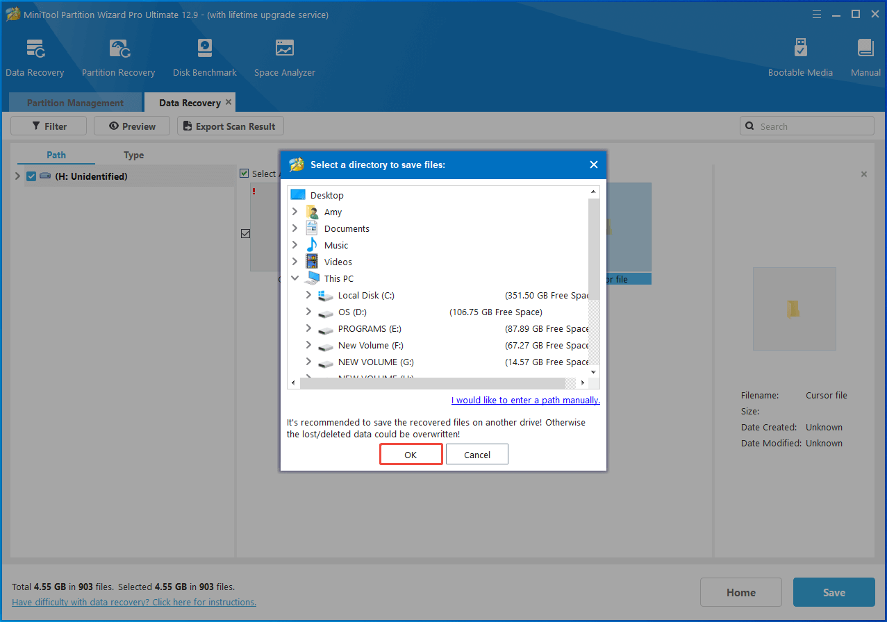 pick a directory to save files in Partition Magic