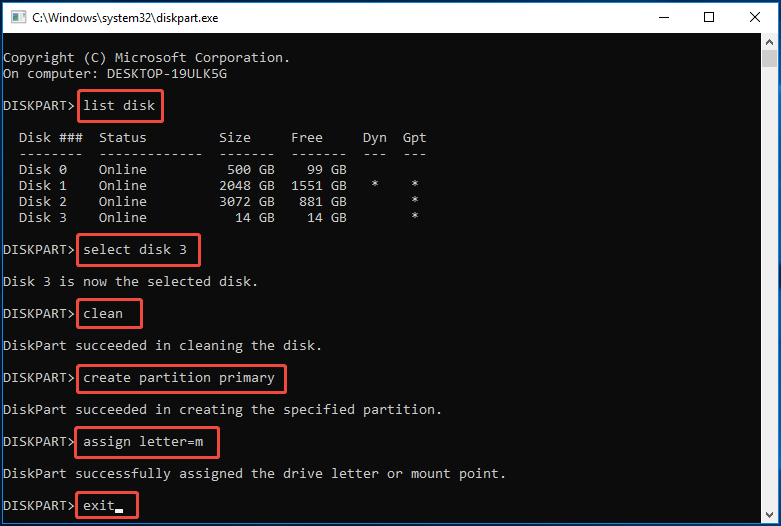 type and execute commands to format the drive