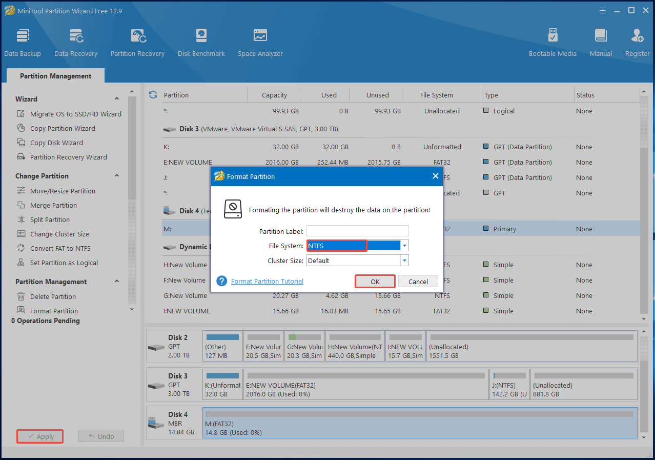 configure settings and apply the operation in Partition Magic