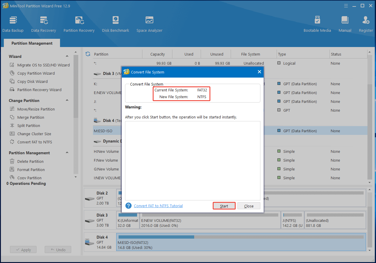 start the conversion in Partition Magic