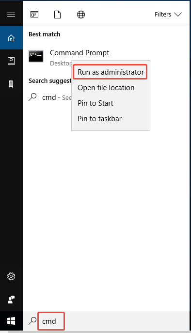 run Command Prompt as administrator from the search box