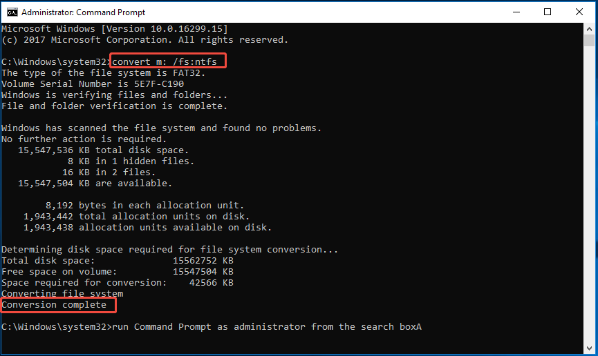 run the command to convert the file system