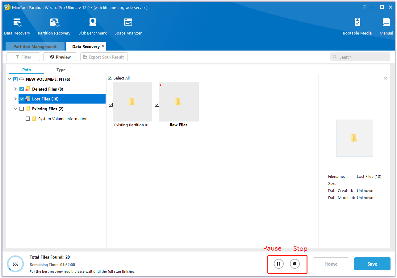 click the Pause or Stop icon to get instant data recovery in MiniTool Partition Wizard