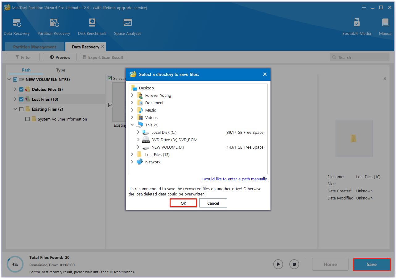 Choose a safe location to save data in MiniTool Partition Wizard