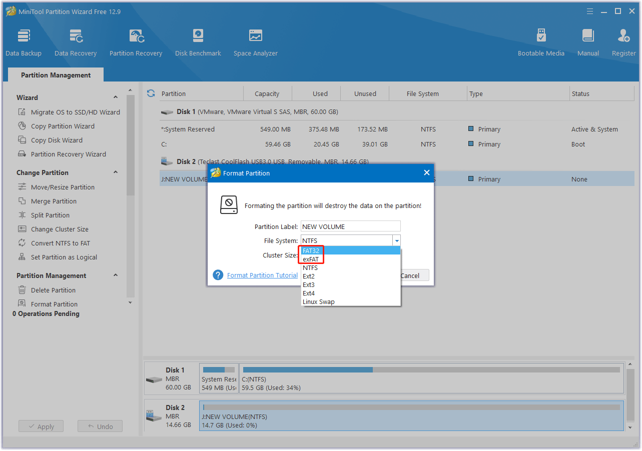 choose the file system for SD card in MiniTool Partition Wizard