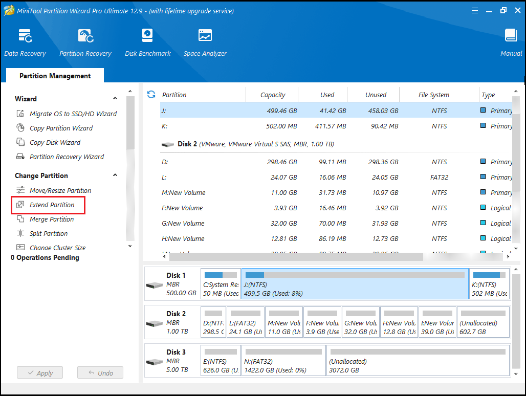 click Extend Partition in MiniTool Partition Wizard
