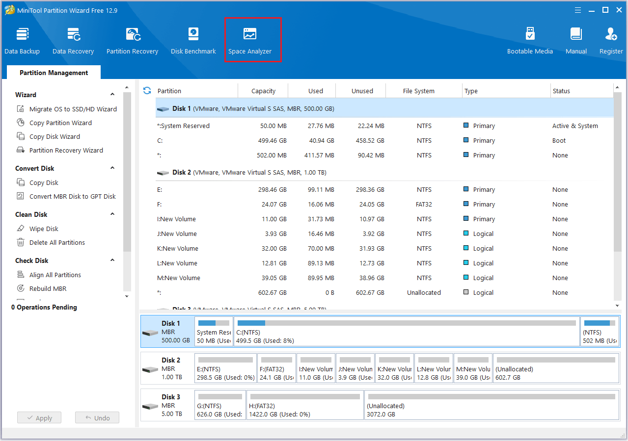 click Space Analyzer in MiniTool Partition Wizard