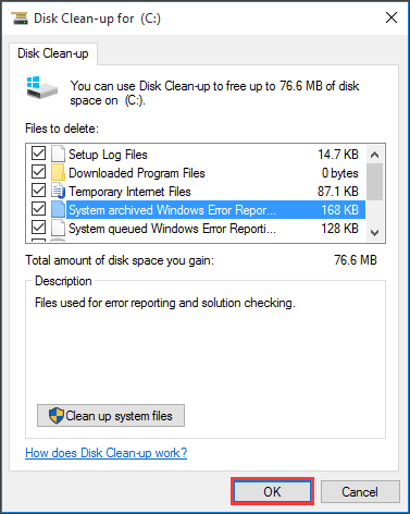 click OK to clean up the files