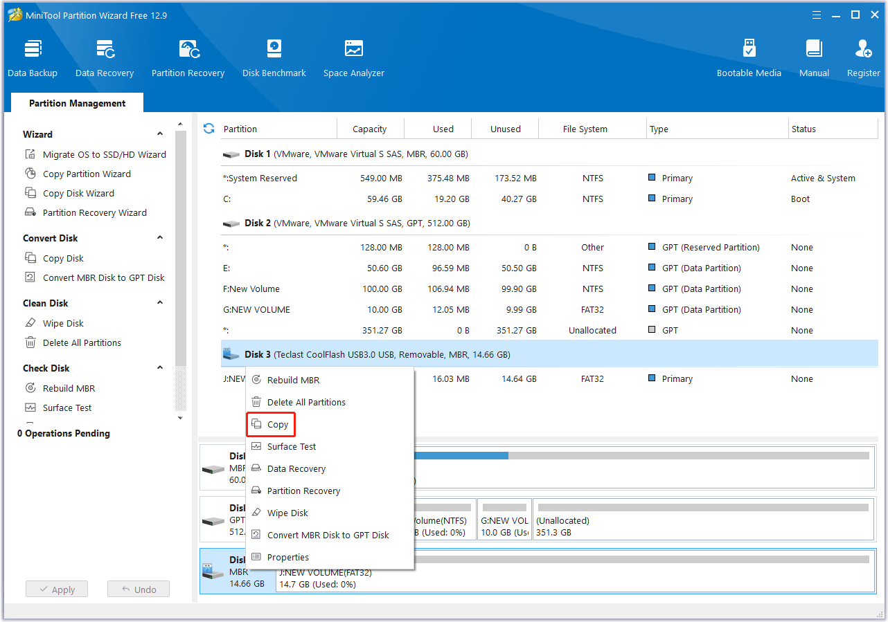 select the source disk to copy in MiniTool Partition Wizard