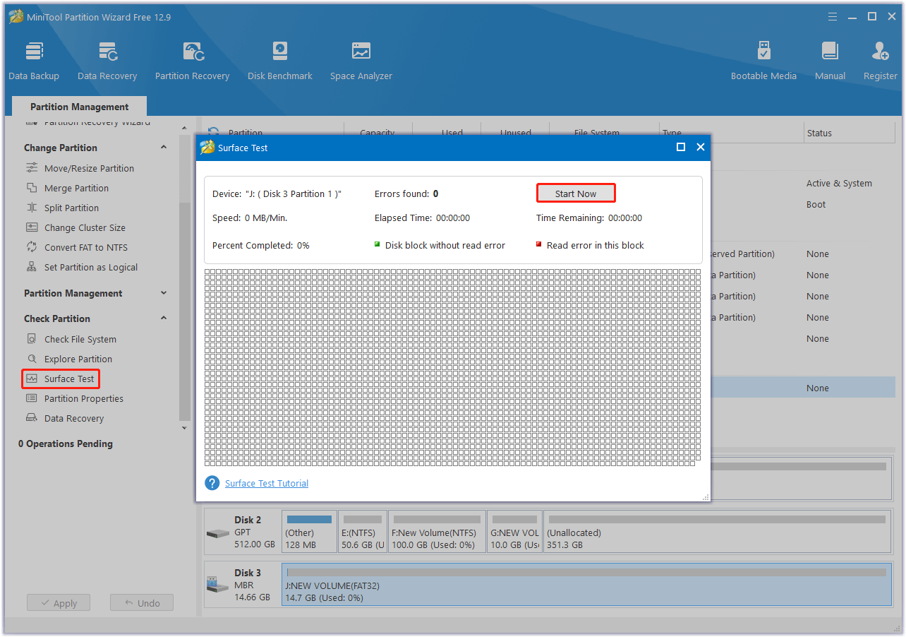 perform surface test via MiniTool Partition Wizard