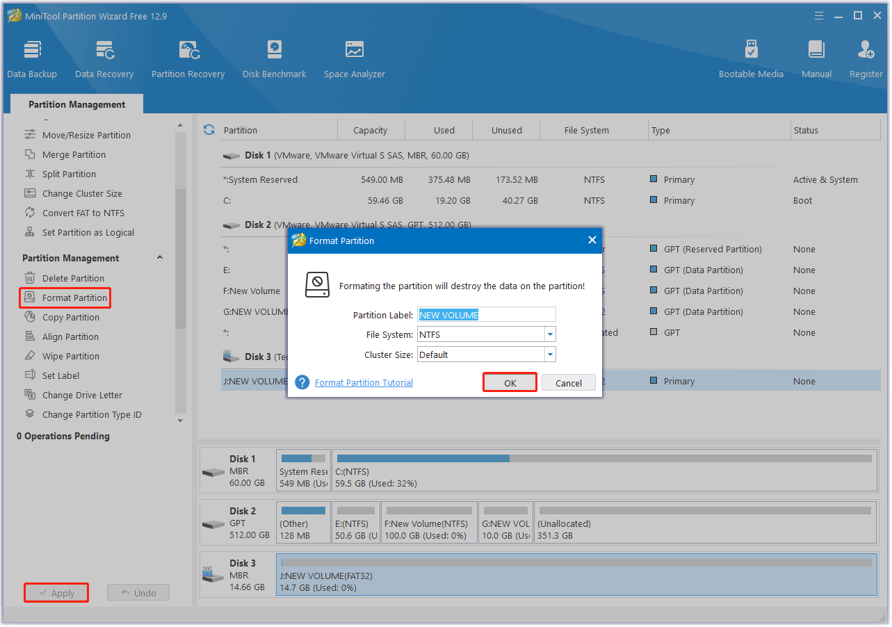 format the USB drive via MiniTool Partition Wizard
