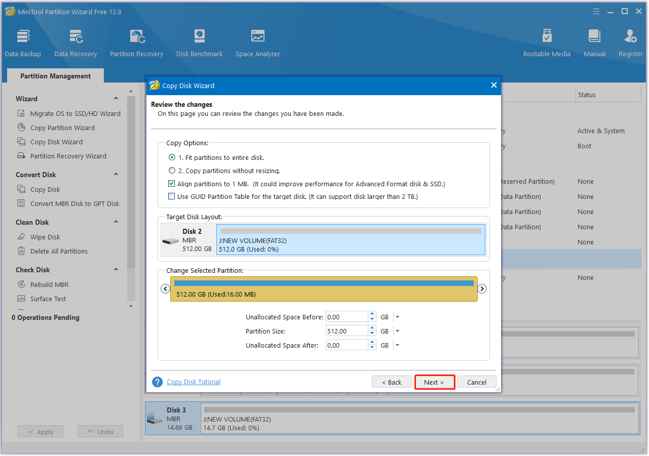 choose copying options in MiniTool Partition Wizard