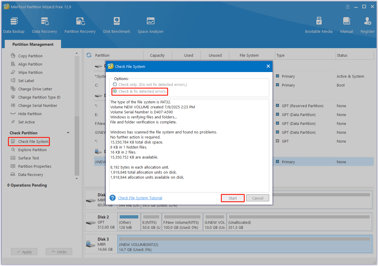 check file system errors on USB via MiniTool Partition Wizard