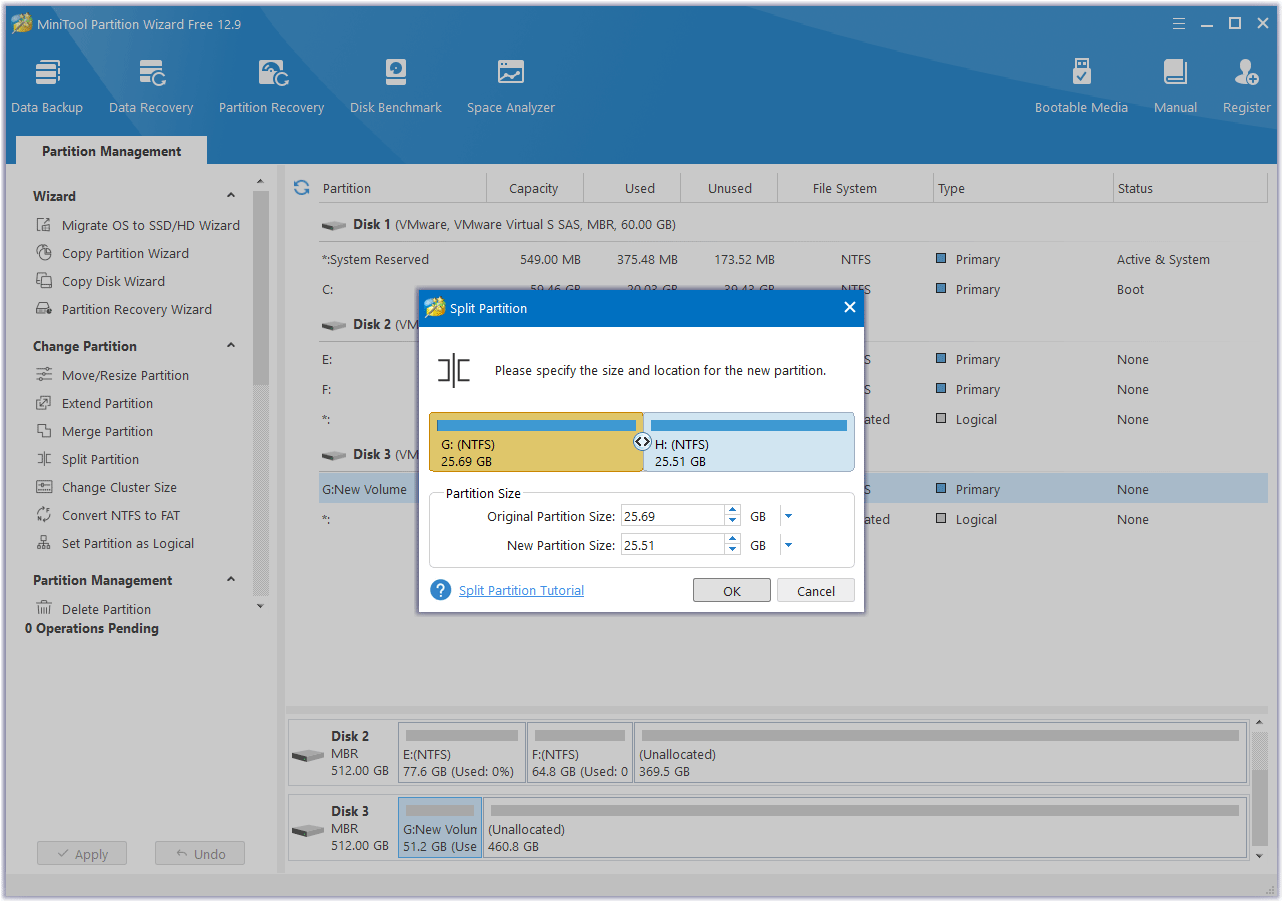determine the partition size in MiniTool Partition Wizard