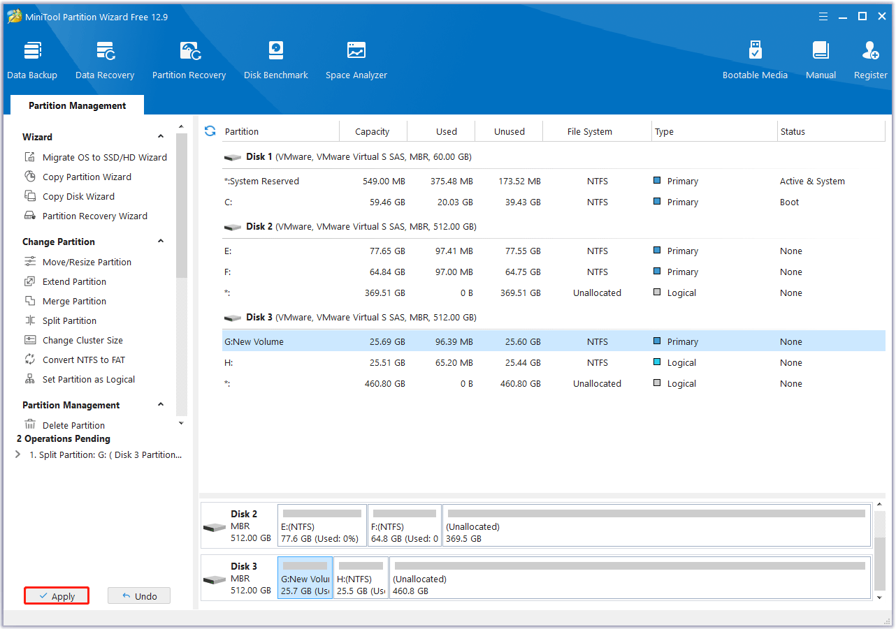 preview the split result and confirm the changes in MiniTool Partition Wizard