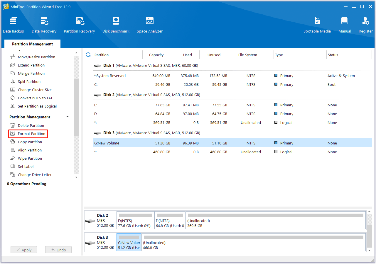 choose Format Partition in MiniTool Partition Wizard