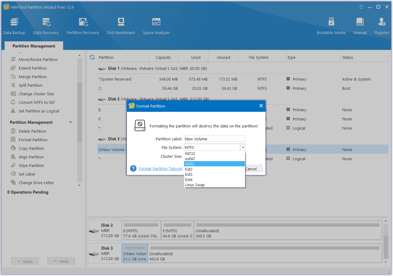 set the format parameter in MiniTool Partition Wizard