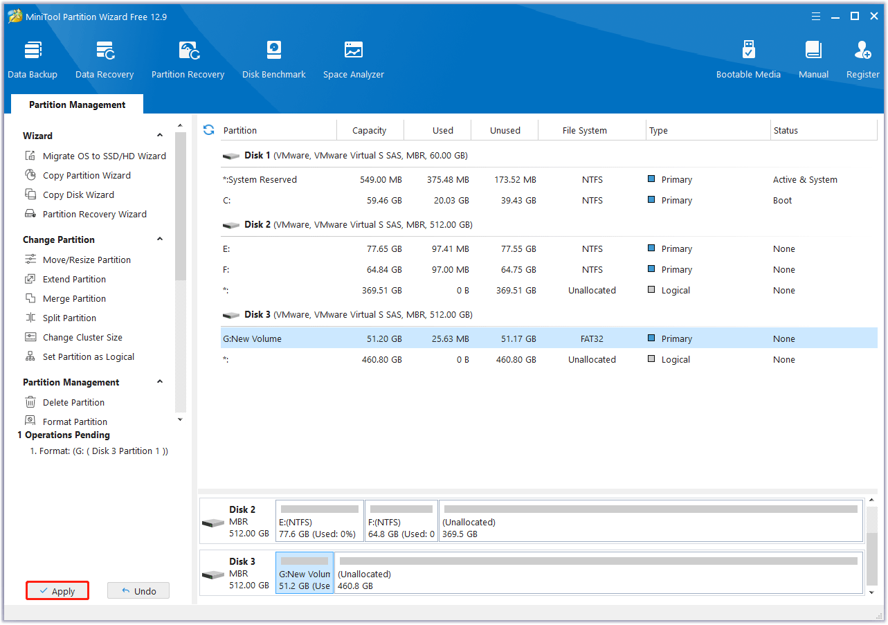 click Apply to complete the operation in MiniTool Partition Wizard