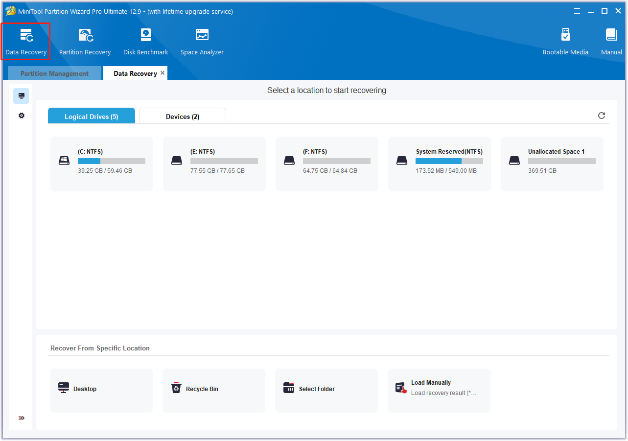 click Data Recovery in the main interface of MiniTool Partition Wizard