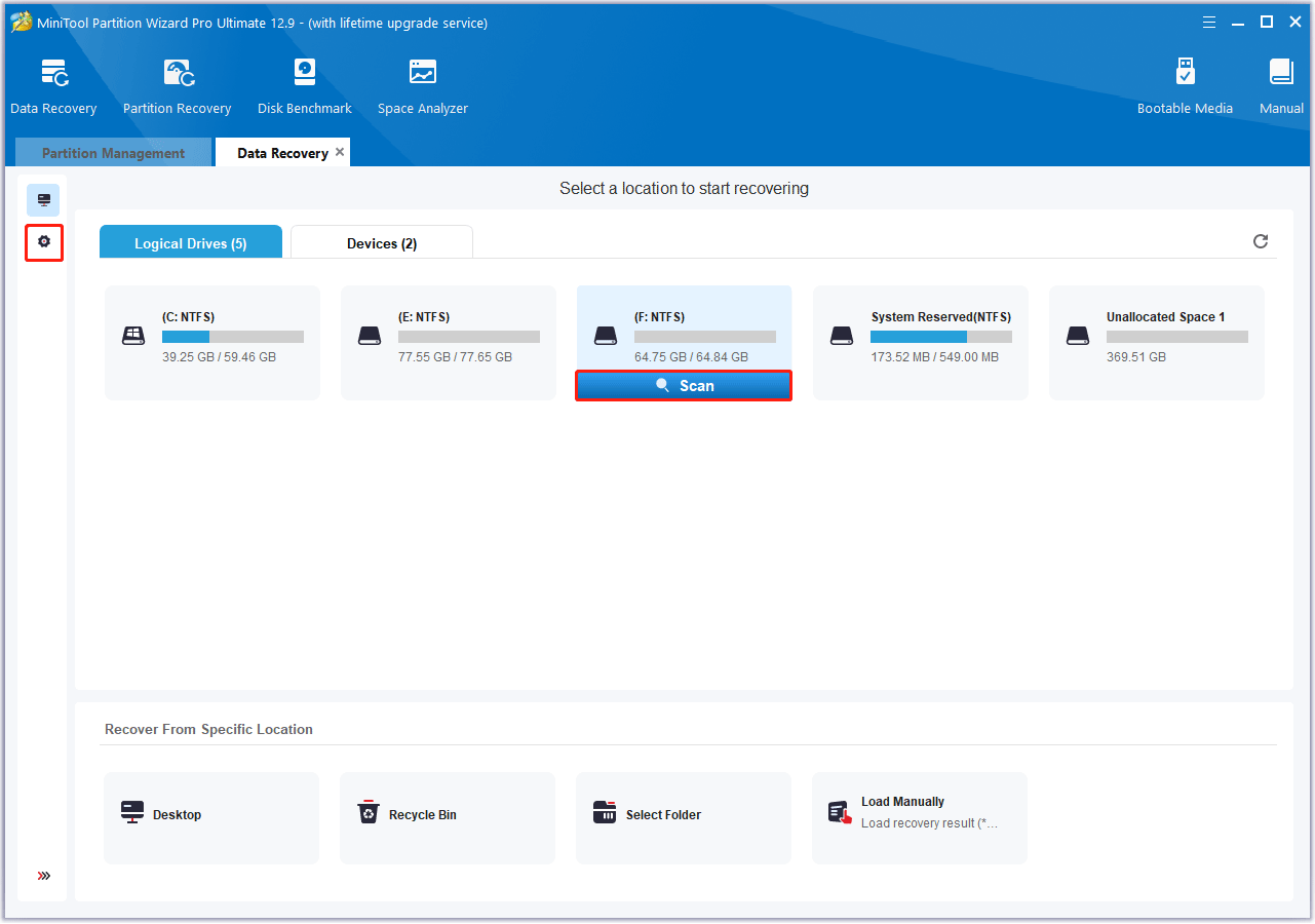 Click Scan to recover data from the hard drive in MiniTool Partition Wizard