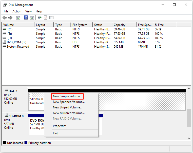 create a simple volume in Disk Management