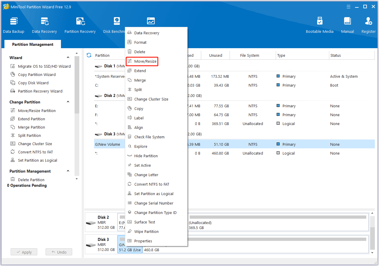 Select Move & Resize in MiniTool Partition Wizard