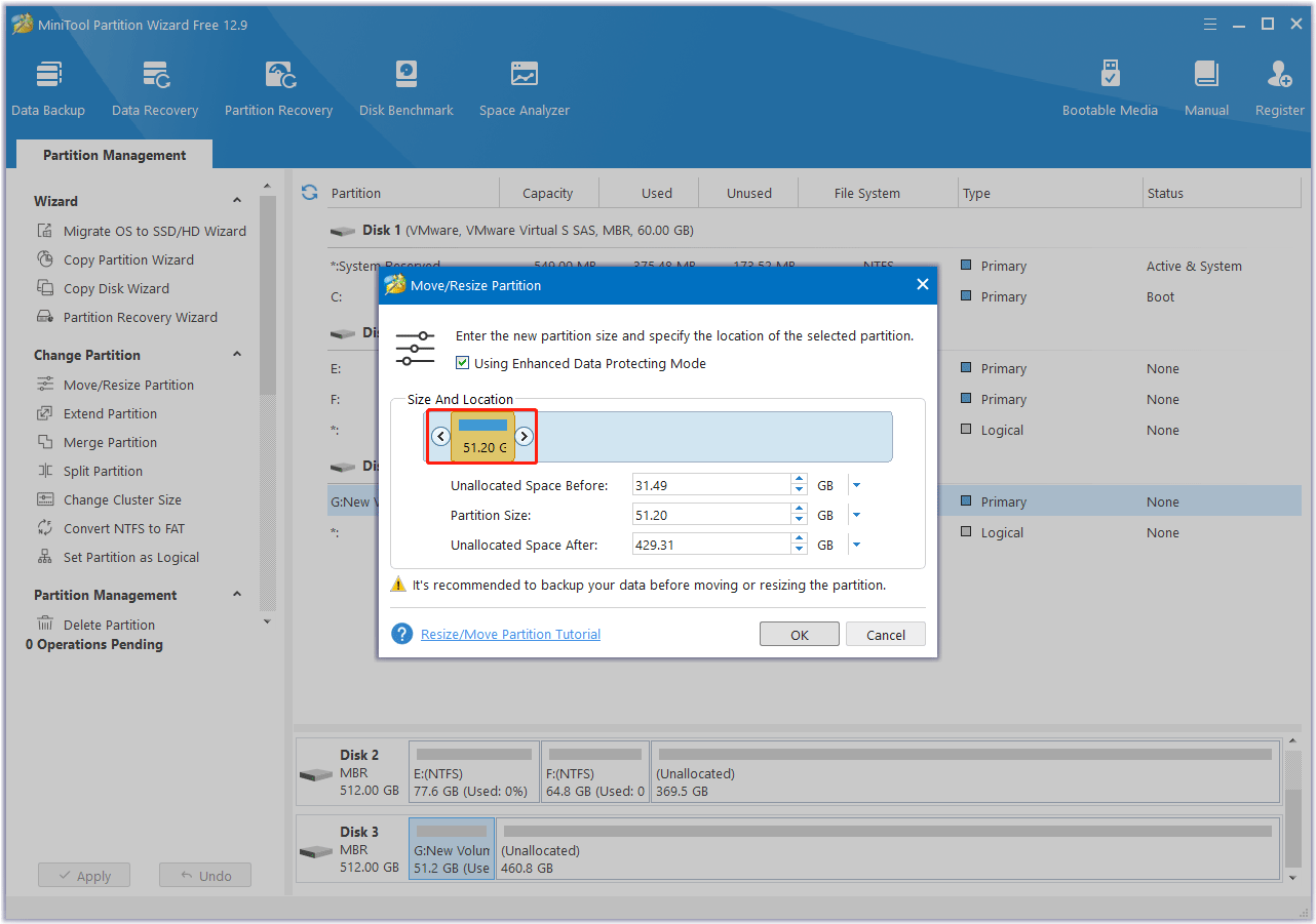Move and Resize a Partition in MiniTool Partition Wizard