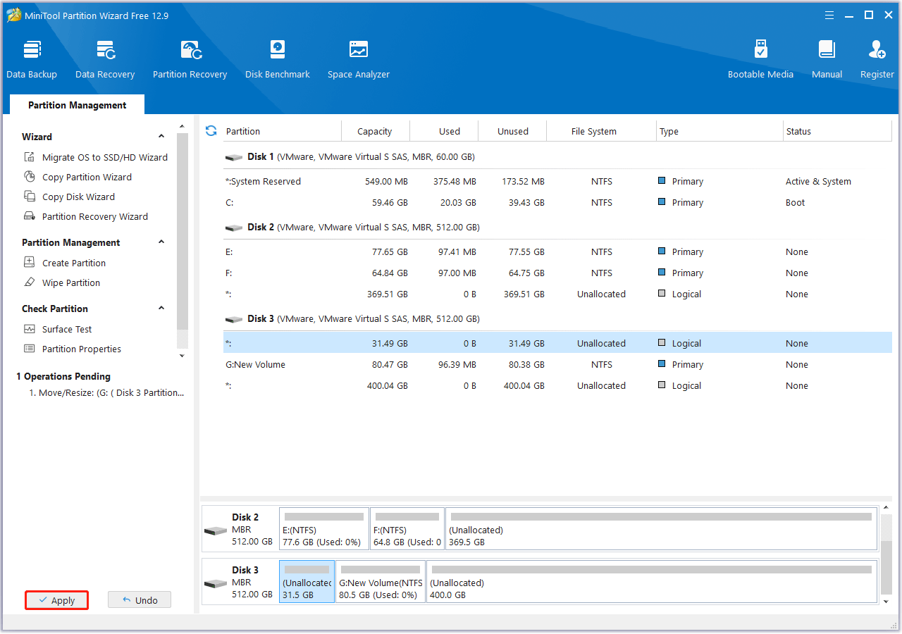 Click Apply to extend the partition in MiniTool Partition Wizard