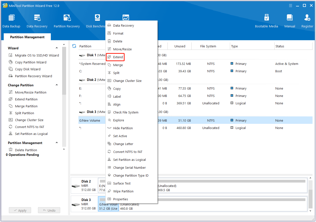 Select Extend in MiniTool Partition Wizard