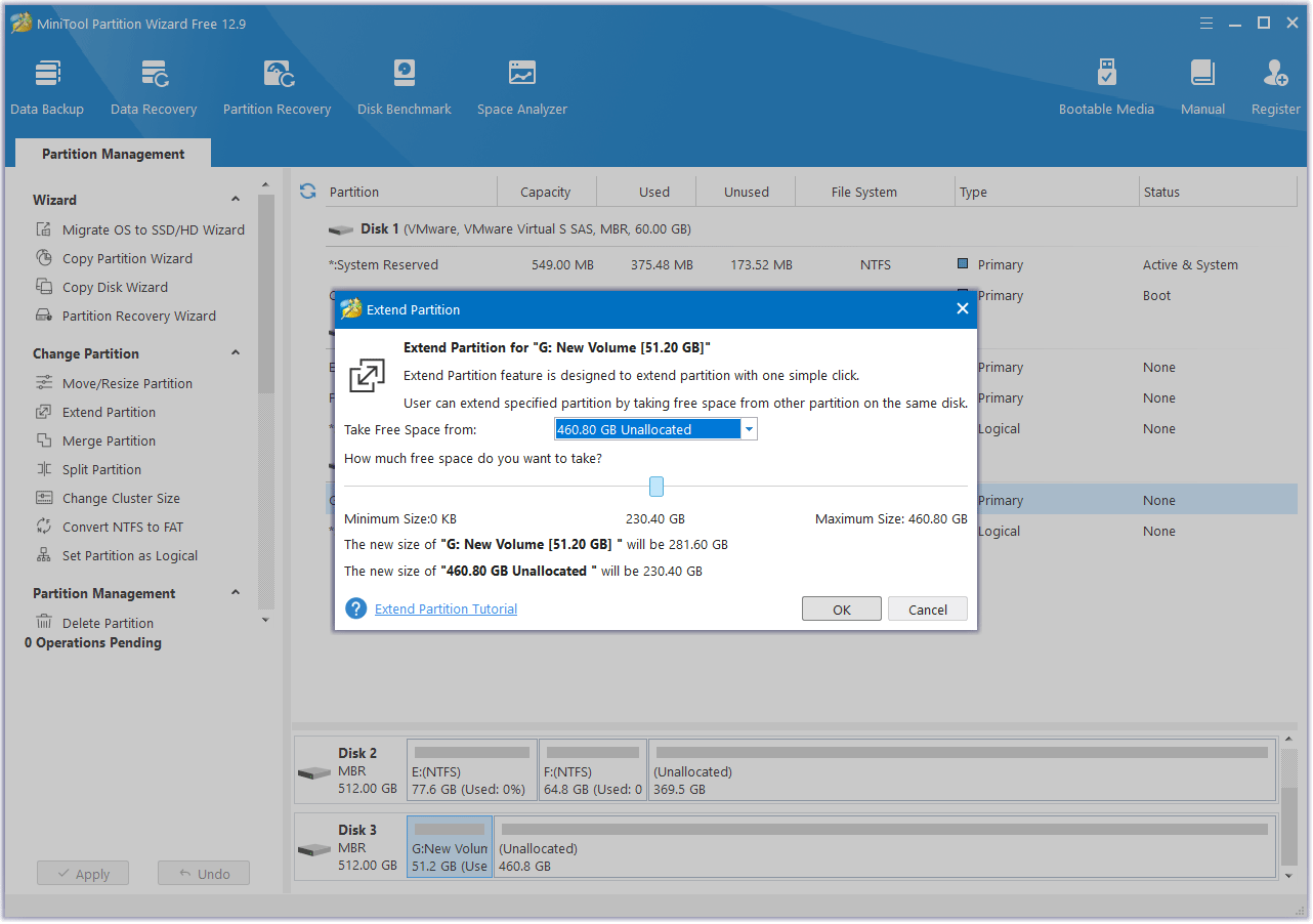 click Apply to extend a partition in MiniTool Partition Wizard