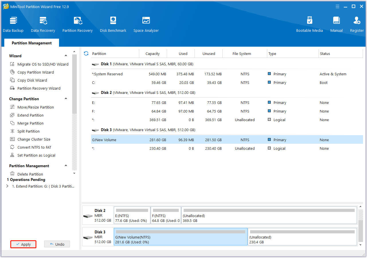 click Apply to confirm the operation in MiniTool Partition Wizard