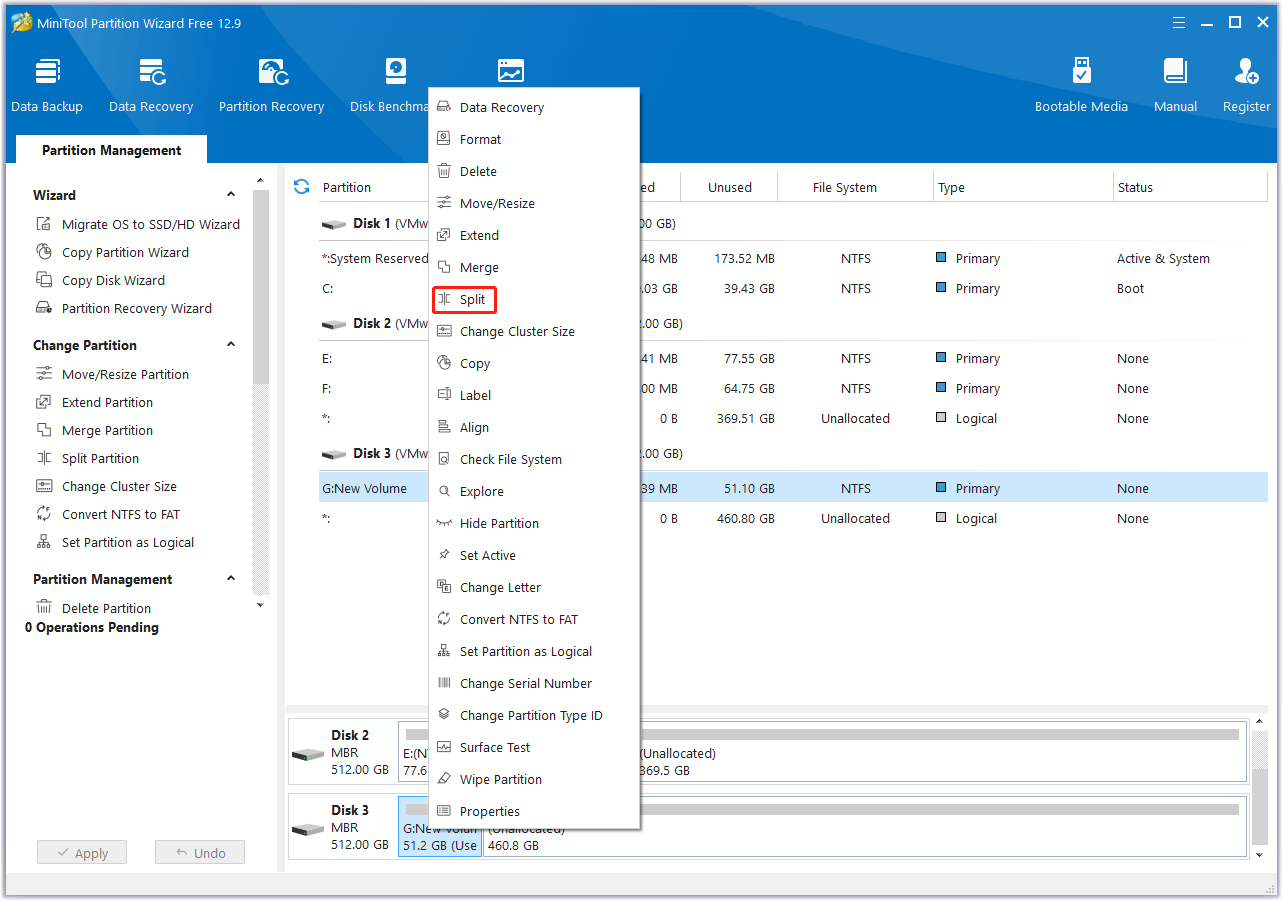 select the Split feature in MiniTool Partition Wizard