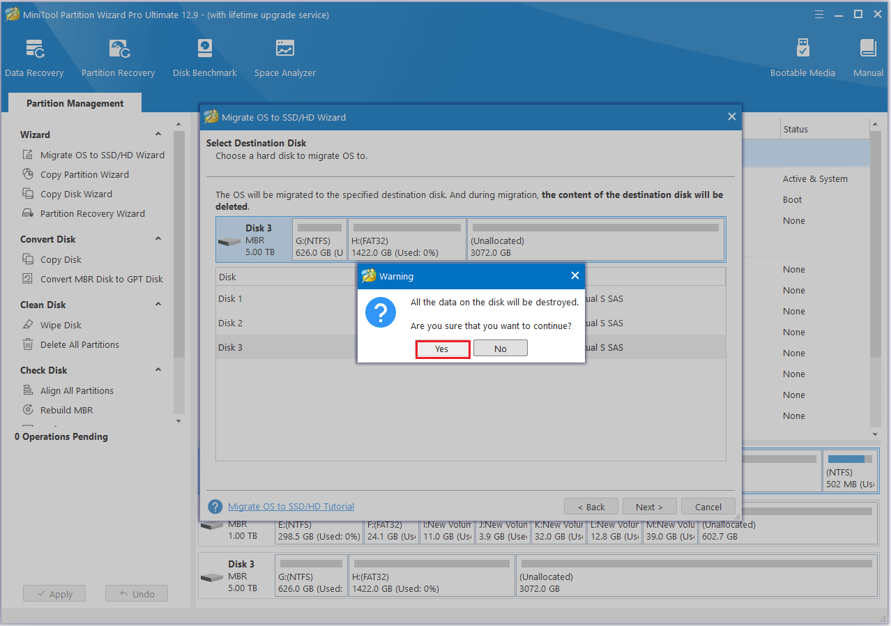 click Yes in MiniTool Partition Wizard