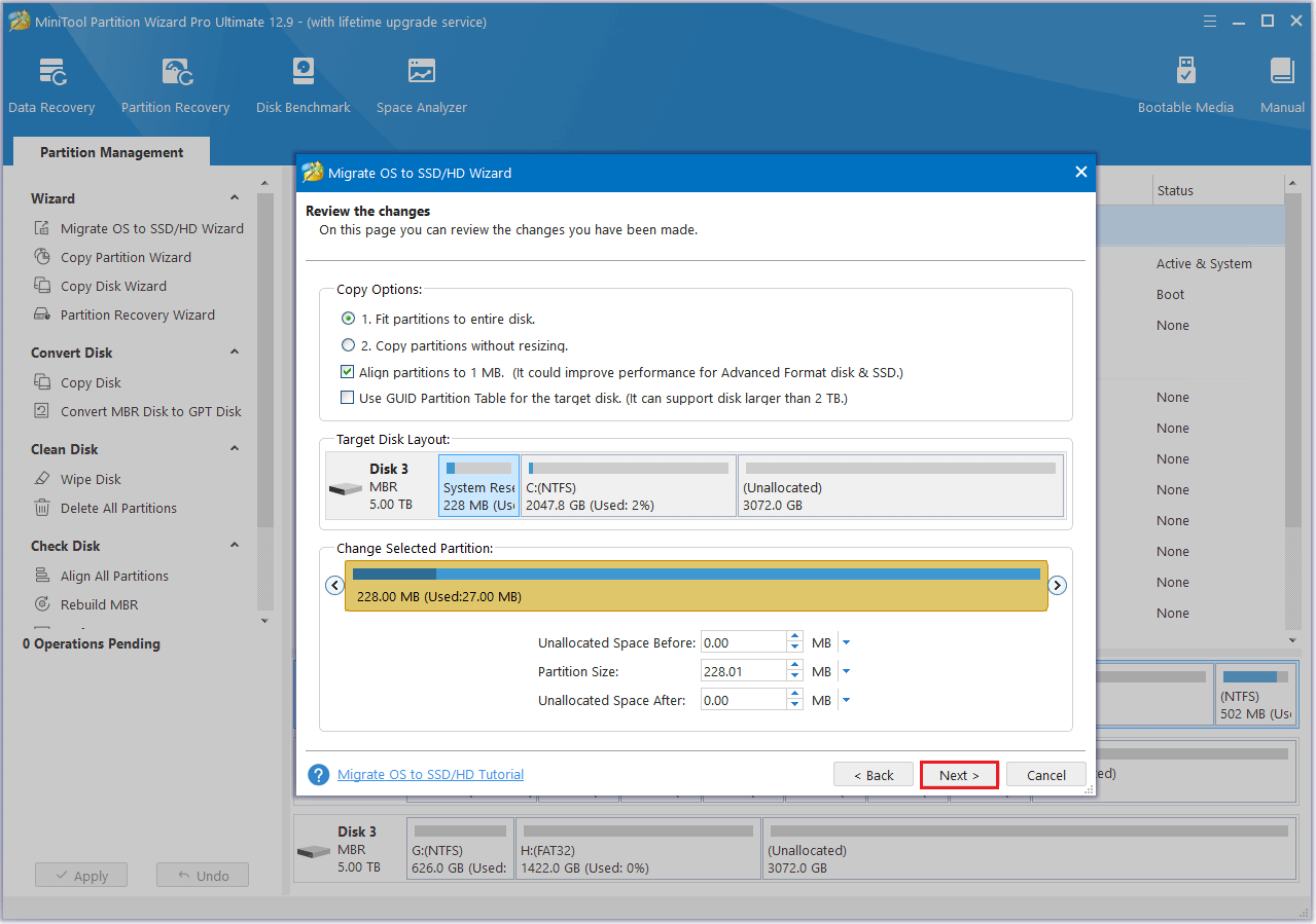choose a copy option in MiniTool Partition Wizard