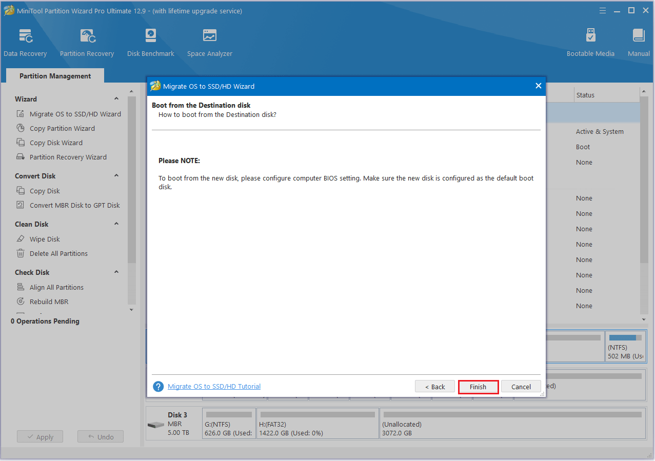 click Finish in MiniTool Partition Wizard