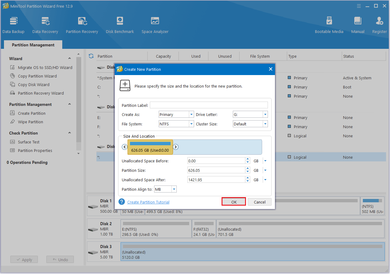 create partition in MiniTool Partition Wizard