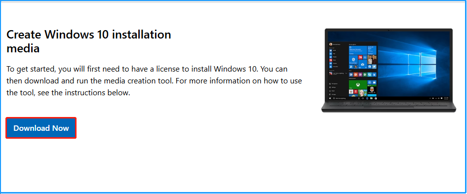 click Download Now in Download Windows 10 site