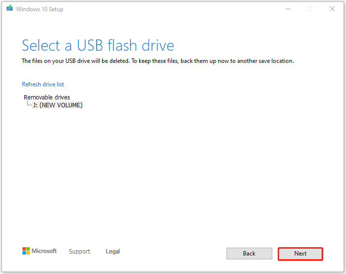 select your USB flash drive and click Next