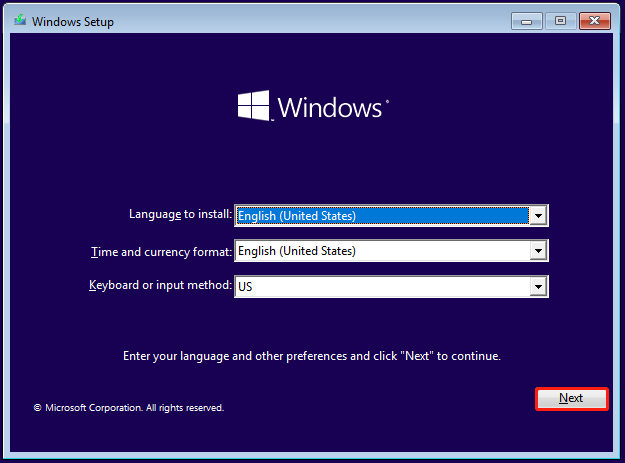 click Next in Windows Setup screen