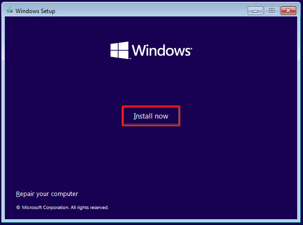 click Install Now in Windows Setup