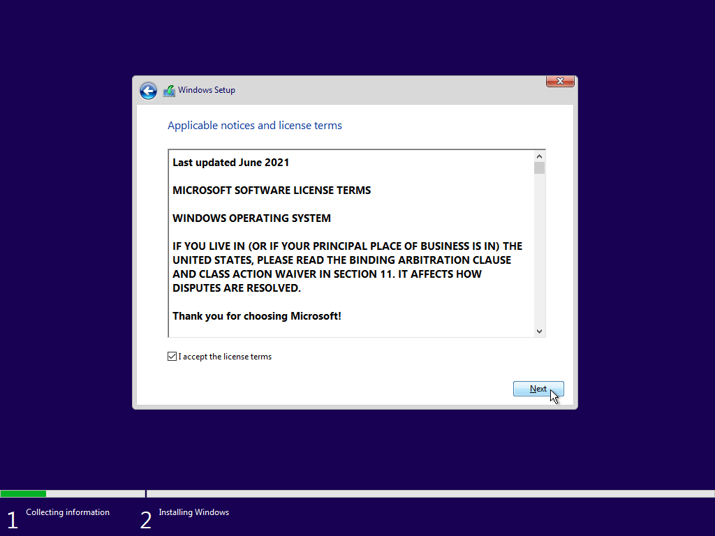 tick I accept the license terms and click Next