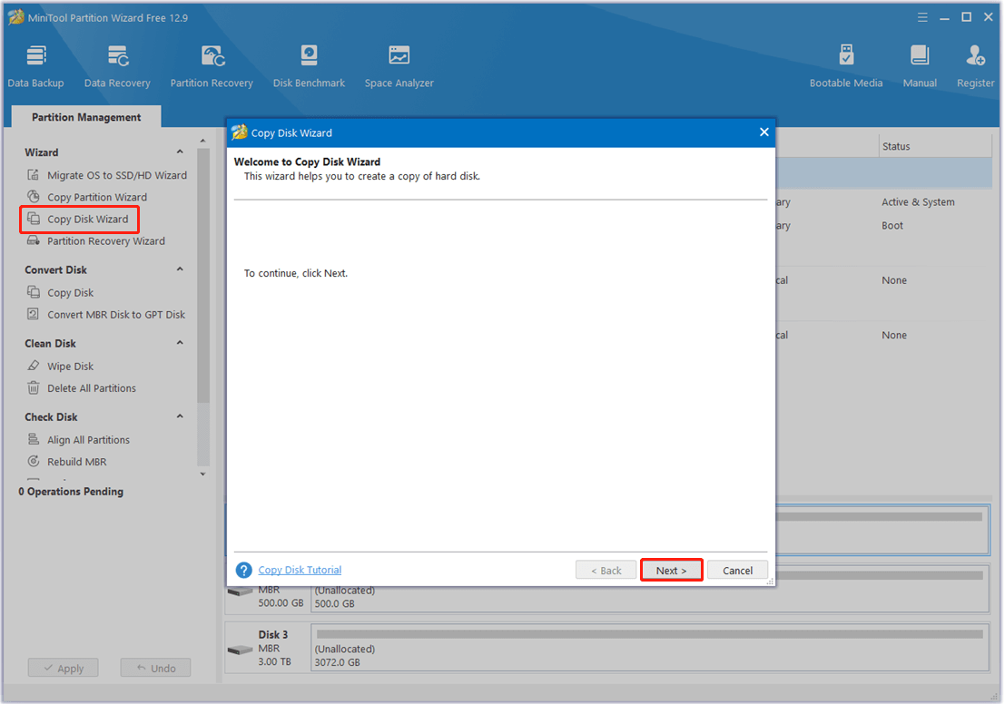click Copy Disk Wizard and Next in MiniTool Partition Wizard